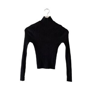 ZARA Black Viscose Mock Neck Knit Ribbed Cropped Long Sleeves Sweater SZ S #1672
